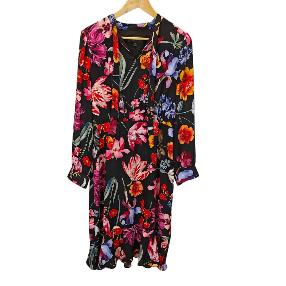 J. Crew Tie Neck Ruffle Midi Dress in Midnight Dutch Floral Size 6 - Picture 9 of 14